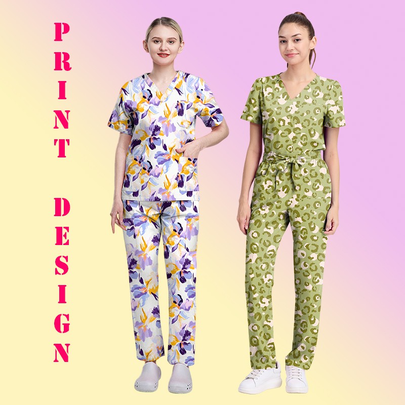 Custom Women's V-Neck Scrub Set Wholesale Prints & Drawstring Pants