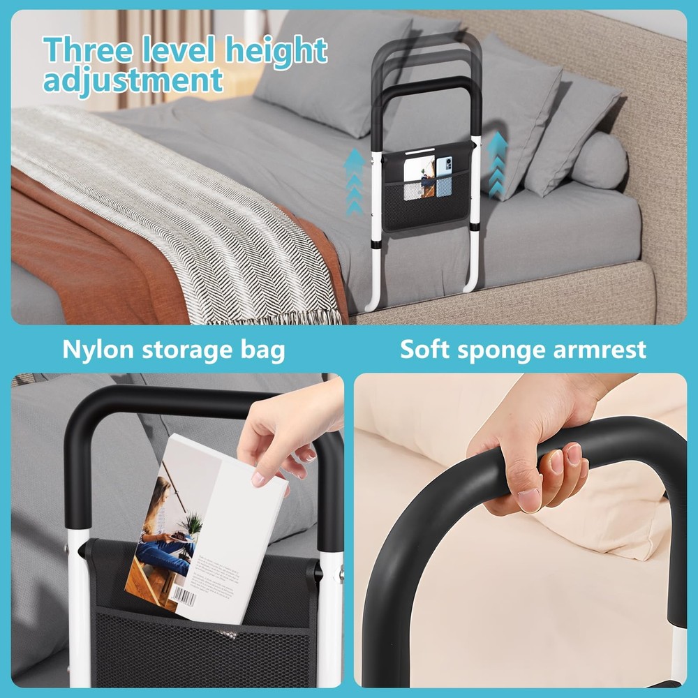 Adjustable Bed Rail Support Handle with Storage Pouch, White and Black, Height