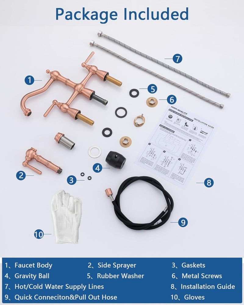 Solid Brass Copper Bridge Kitchen Faucet with Pull Down Sprayer,2 Handles 4 H...