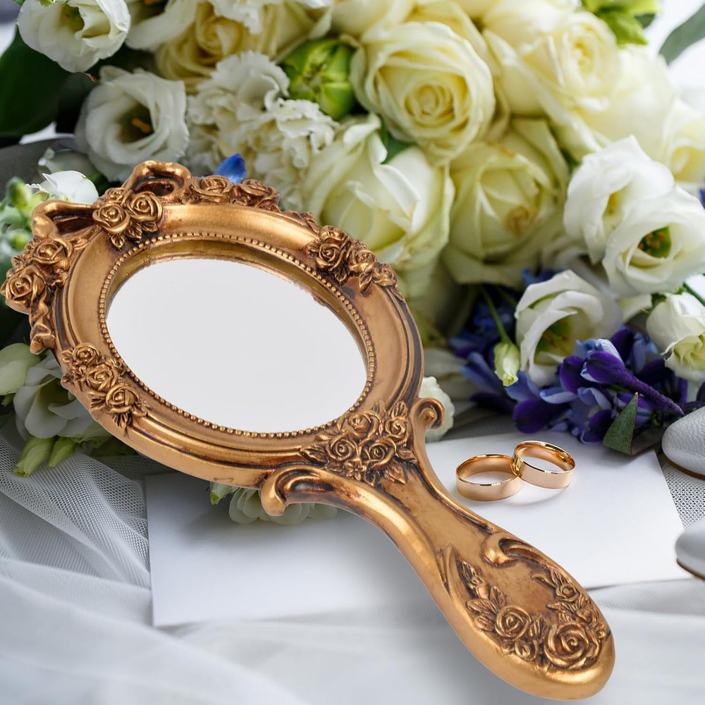 Vintage Handheld Mirror, Vanity Makeup Mirror with Handle, Antique Embossed Rose