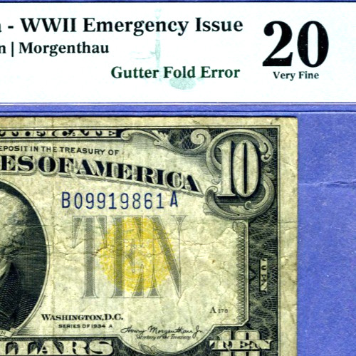 RARE GUTTERFOLD ERROR = 1934A $10 North Africa silver certificate = PMG = Gutter