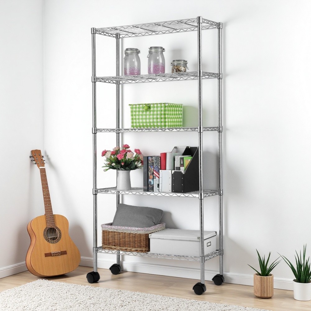 5-Tier Rolling Modular Shelving Unit - Heavy Duty, Adjustable, Metal & White