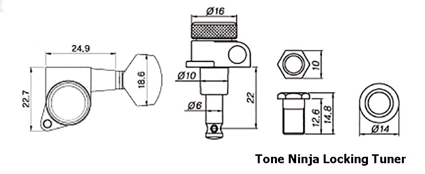 Genuine Tone Ninja 19:1 Locking Tuners, 6 Inline Staggered set, Black