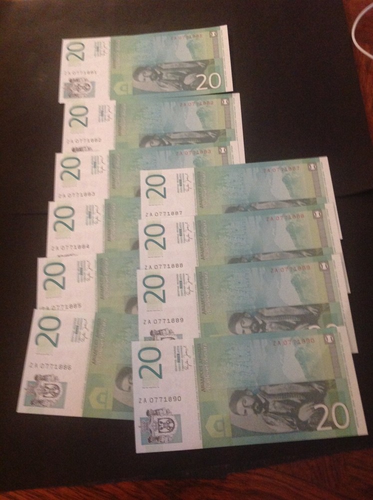 10 consecutive, uncirculated 20 Serbia Dinara banknotes UNC 2006 Replacement Run