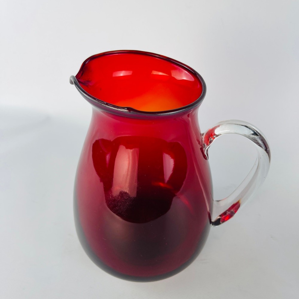 Hand Blown Art Glass Water Pitcher Ruby Red / Cranberry 7” Applied Handle