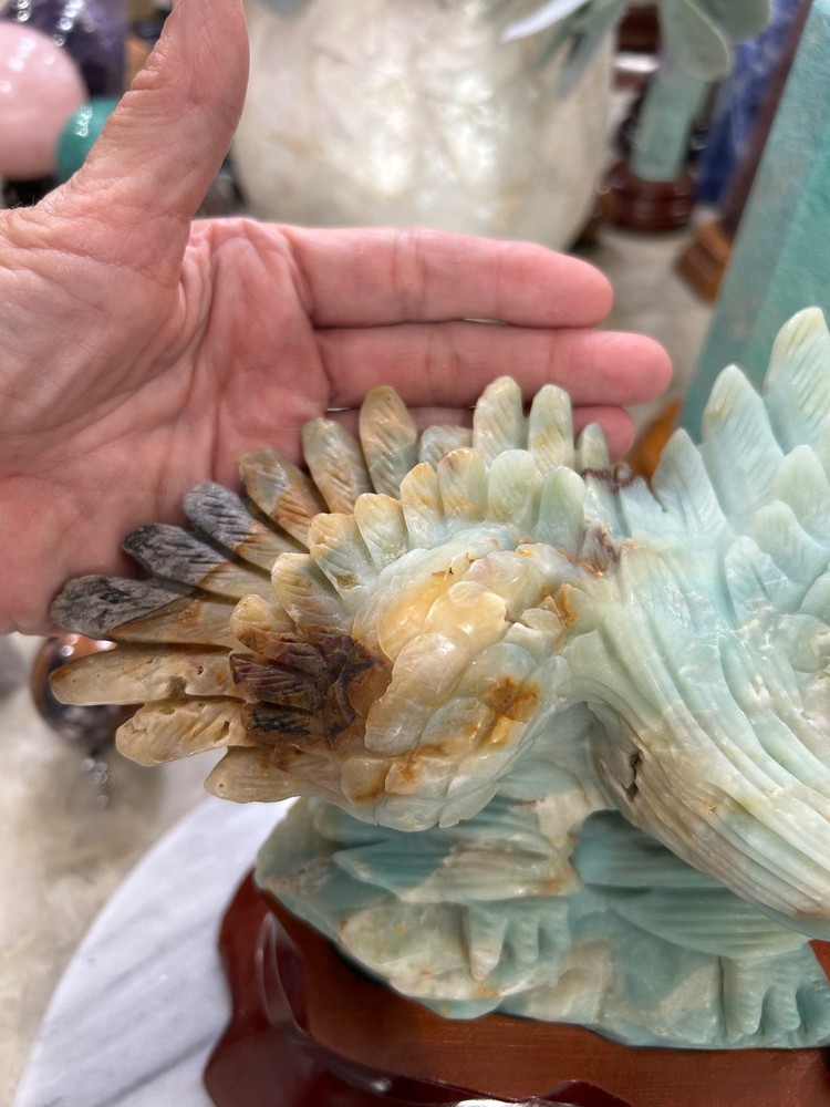 Amazonite Eagle hand carved on custom wood stand