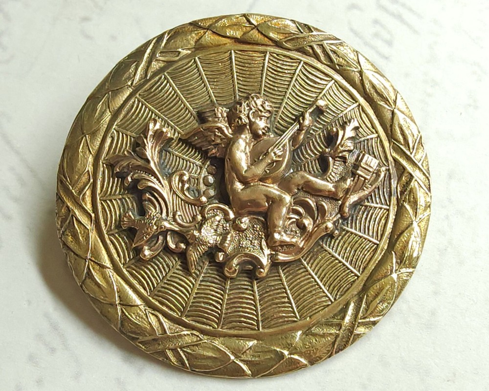 Cherub Playing a Mandolin ~ Massive XL Antique Brass Cupid Picture Button ~ 2"
