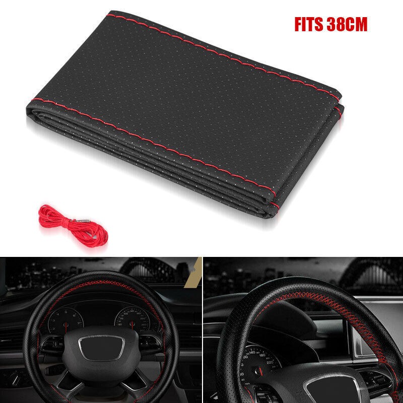 Car Steering Wheel Cover Needle Thread AntiSlip Leather Black Universal 38cm
