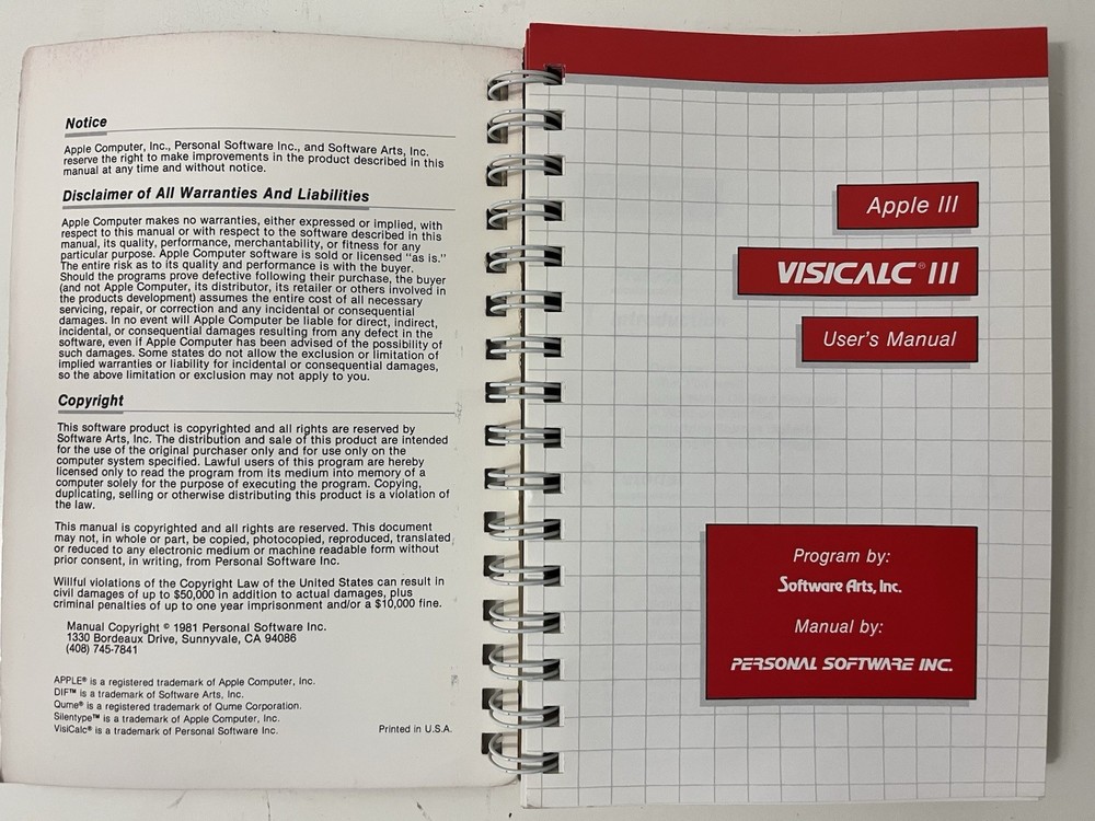 Vintage 1981 Apple III Visicalc III User’s Manual