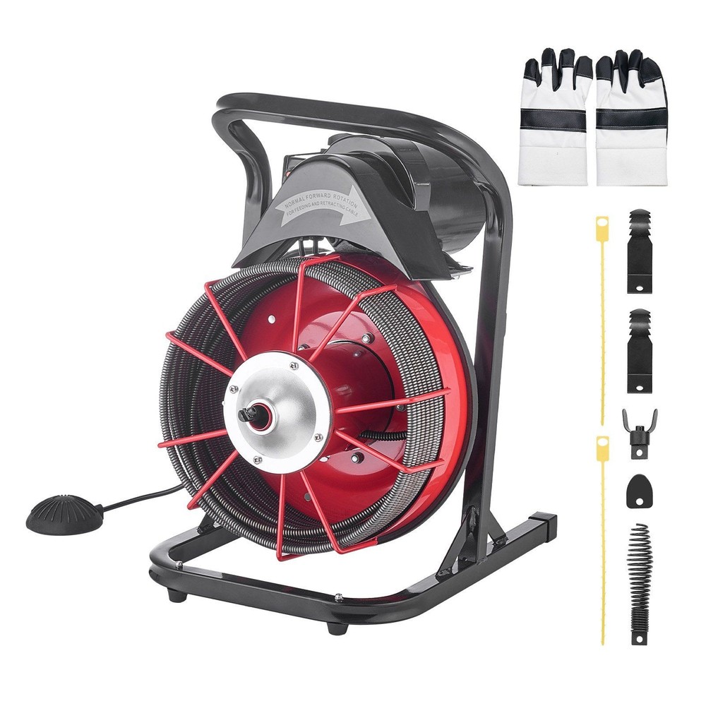 75ft Solid-Core Drain Auger, 4 Interchangeable Cutters