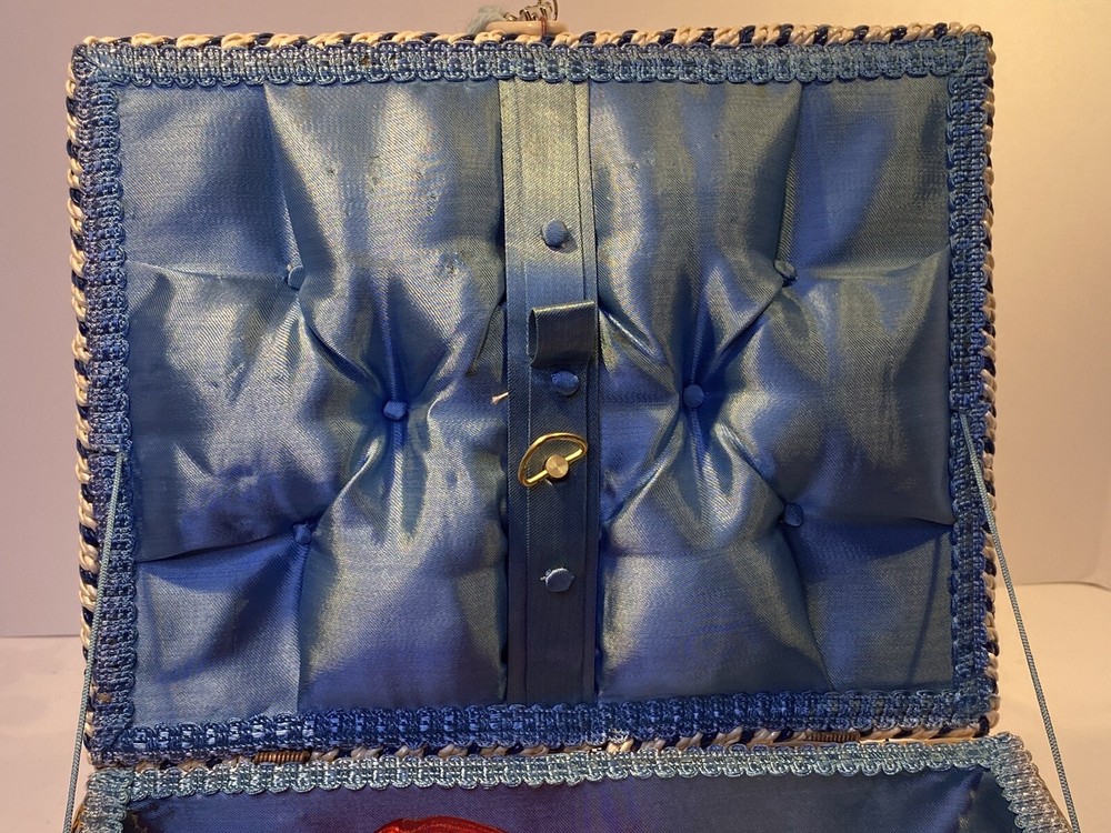 Musical Wicker Sewing Basket Notions Keepsake Kit Blue