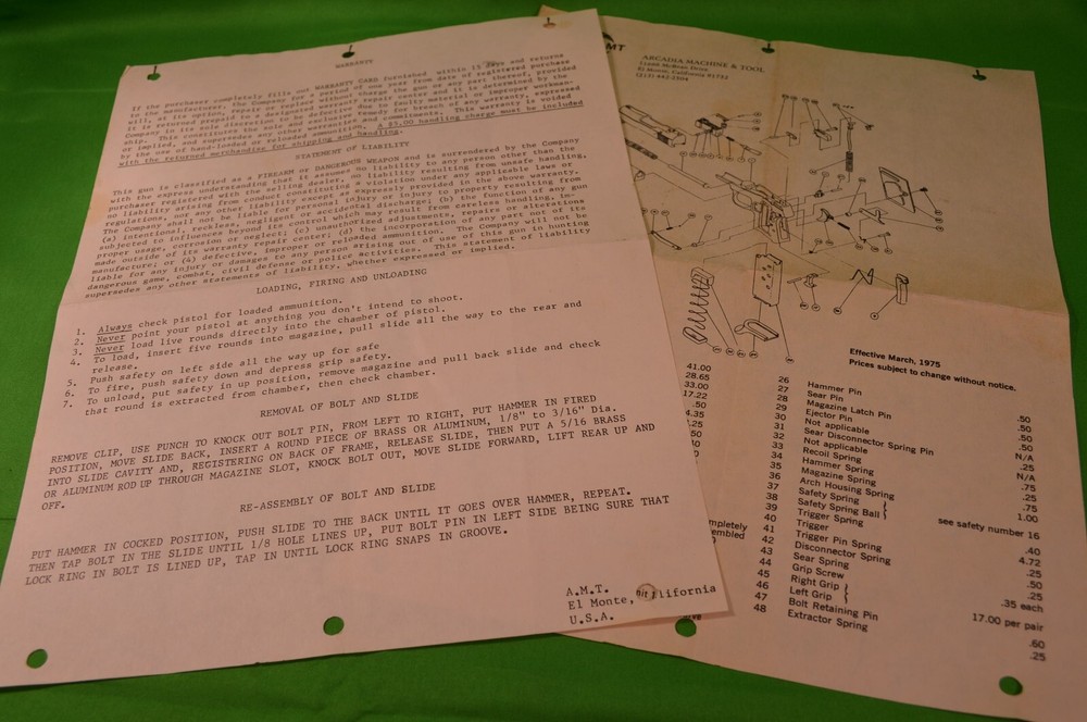 Arcadia Machine & Tool .380 Gun 1975 Parts List Paperwork
