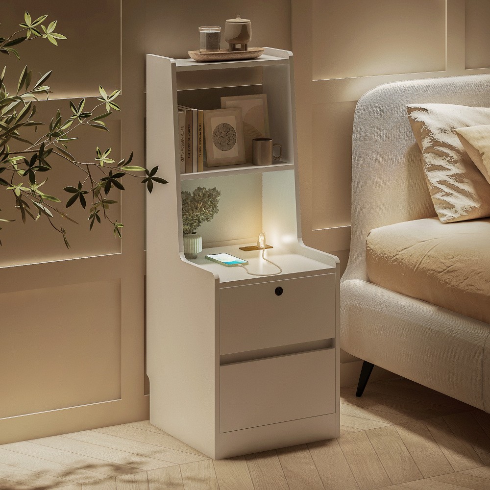 Bedside table with charging station, night light, bookshelf, and storage cabinet
