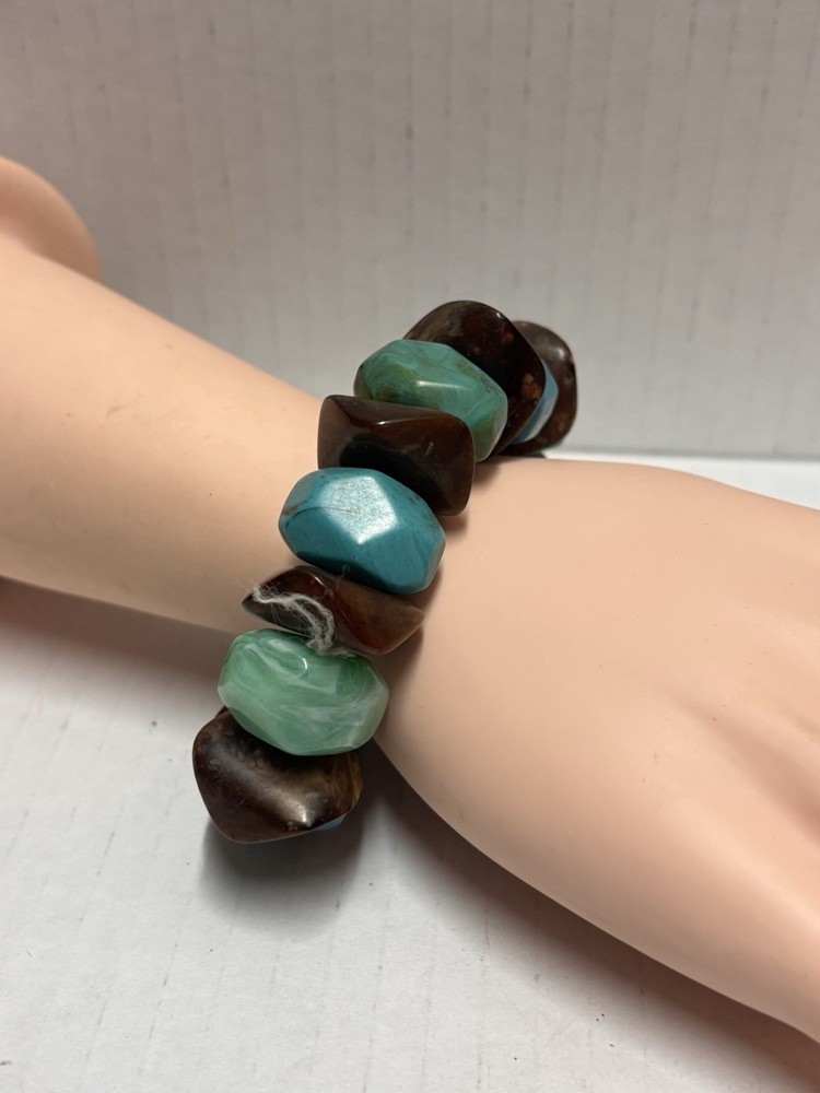 Bracelet Stretch Blue turquoise brown stones chunky