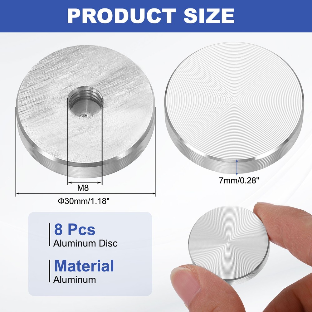 8pcs M8 Thread 30mm Diameter Round Shape Aluminum Disc Hardware, Silver