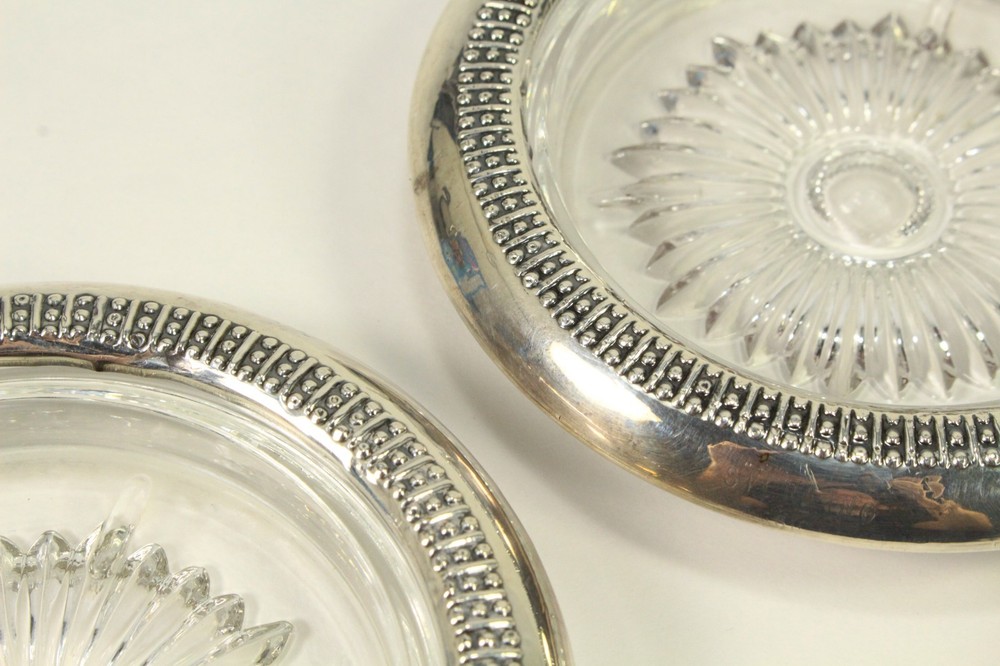 = Set of 3 Sterling Silver & Clear Glass Coasters Sunburst Pattern