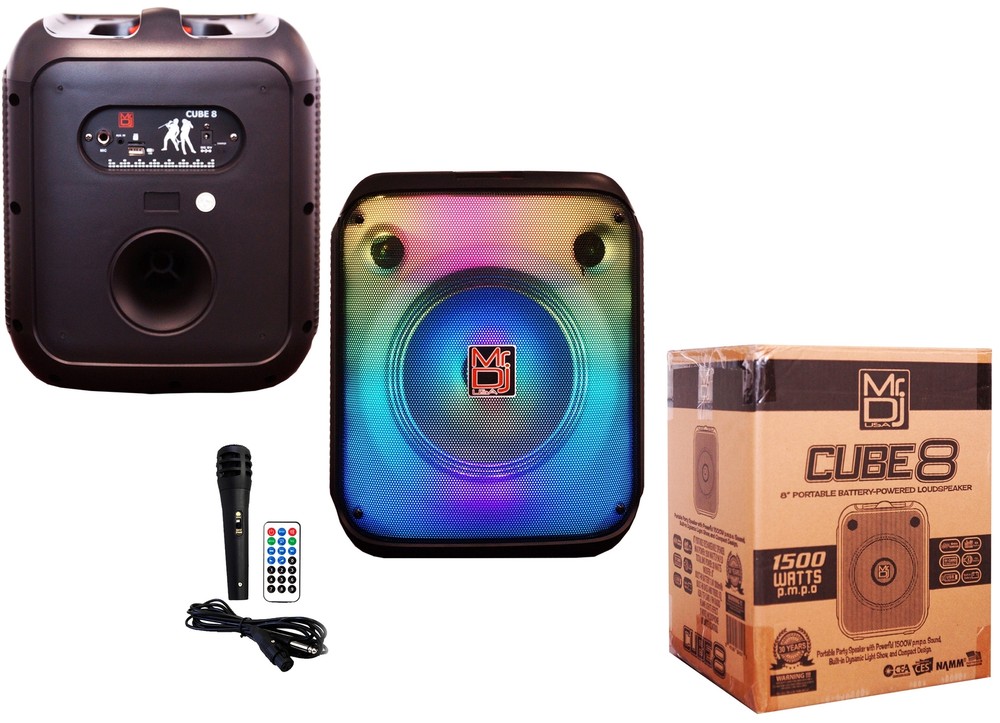 MR DJ CUBE8 8" Rechargeable Portable Bluetooth Karaoke Speaker with Party Flame