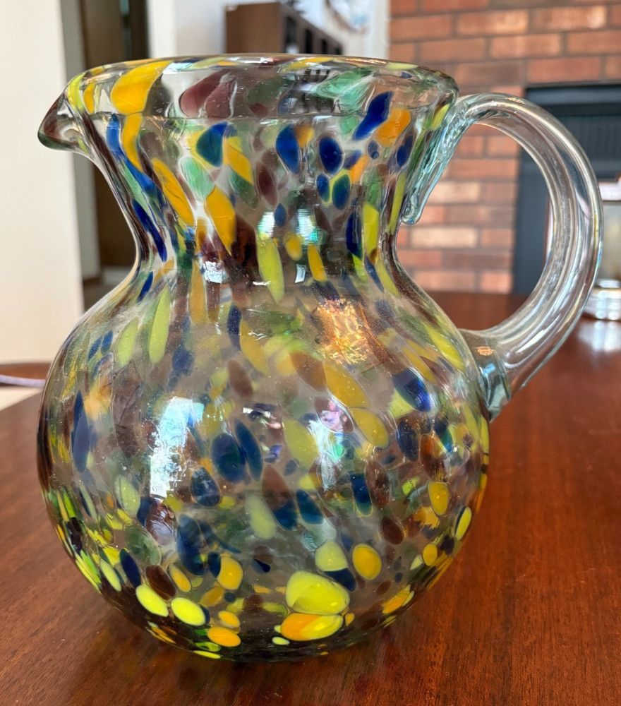 Large Mexican Handblown Handcrafted Confetti Glass Pitcher Applied Handle