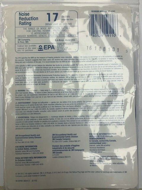 3M E-A-R Caps Model 200 Hearing Protector 17dB 321-2101 Ear Plugs 2 PIECES