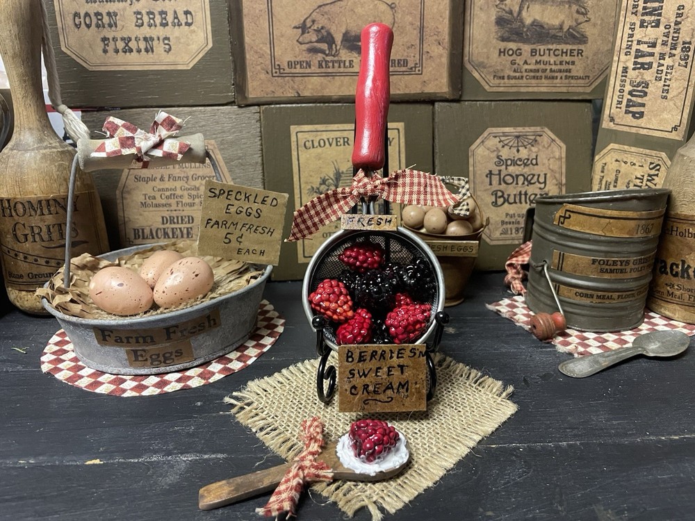 PRIMITIVE FARMHOUSE KITCHEN DECOR REPURPOSED SIFTER STRAINER BERRIES N CREAM