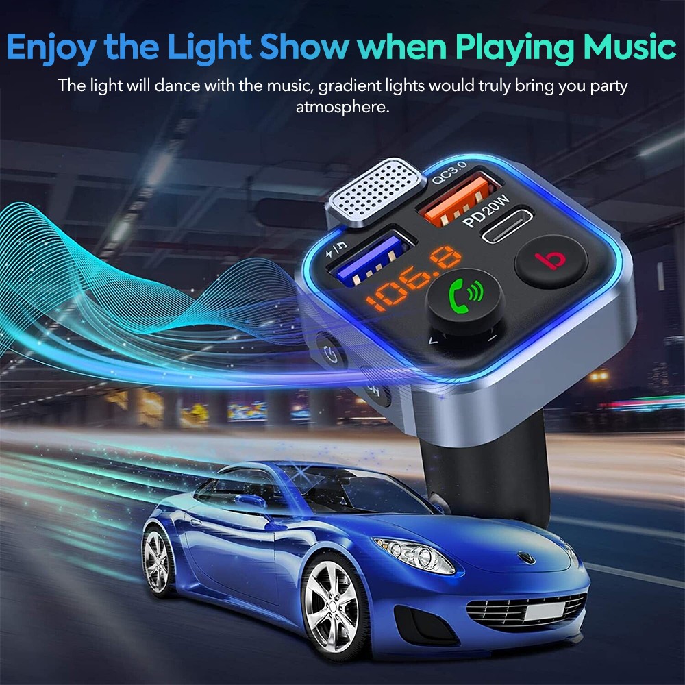 Bluetooth 5.0 Car Wireless FM Transmitter Adapter 2USB PD20W Charger Hands-Free