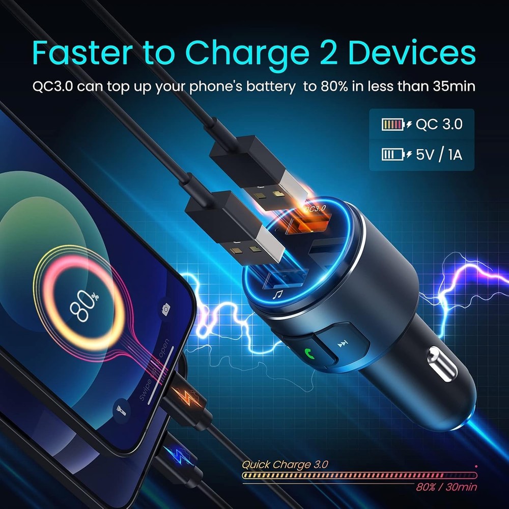 Upgraded V5.3 FM Bluetooth Transmitter, Car Adapter QC3.0 & Black