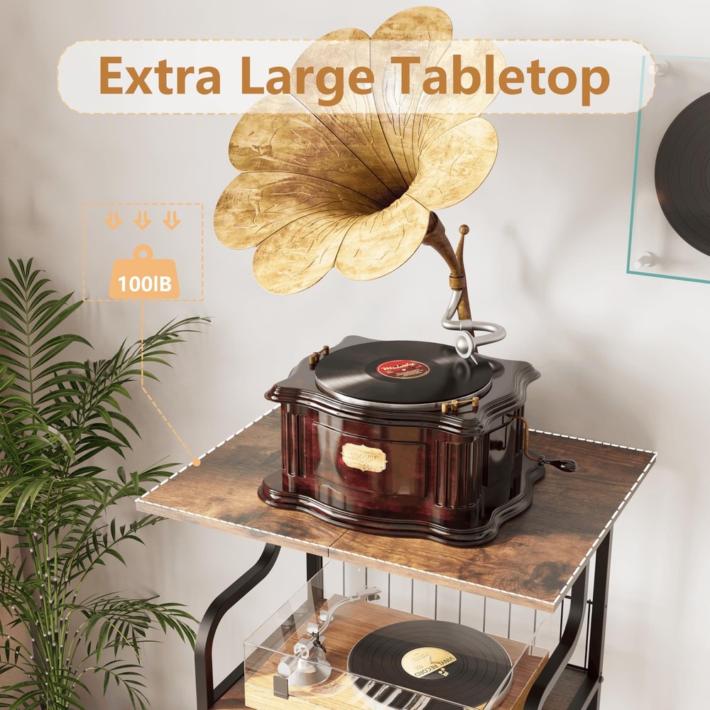 Record Player Stand, 3-Tier Record Player Table, Vinyl Record Storage with Ex...
