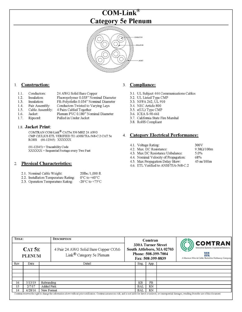 ComTran 32567 24/4P COM-Link Cat5E CMP Plenum Network Ethernet Cable Blue /100ft