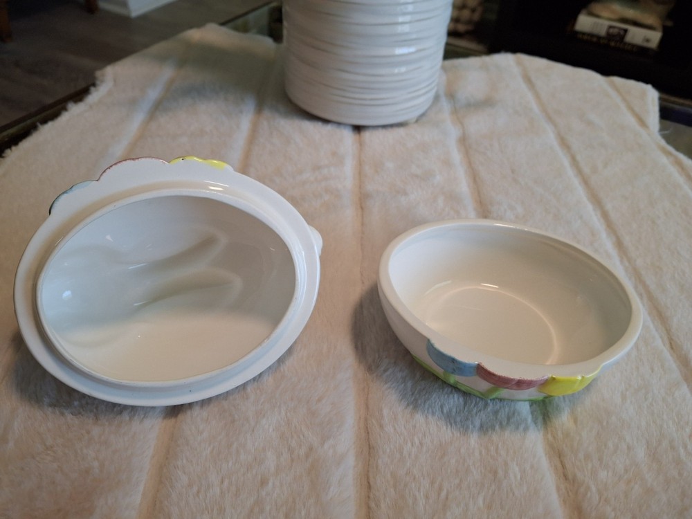 Vintage Bunny & Tulips Covered Dish ~ Candy Trinkets Easter Spring ~ BNP China