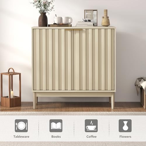 Fluted Sideboard with Storage, Buffet Cabinet Sideboard with 2 Doors Beige