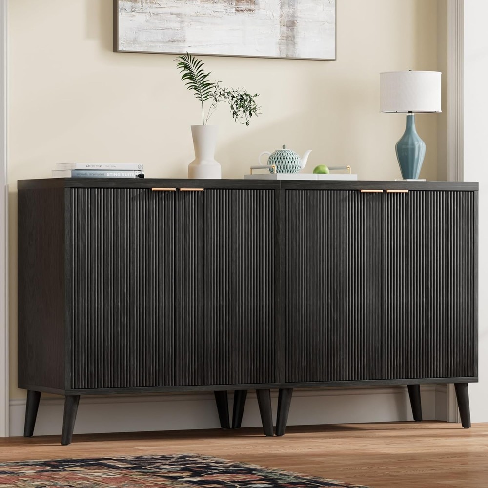 Buffet Cabinet W/ Storage Modern Fluted Accent Sideboard W/ Doors & Adjustable