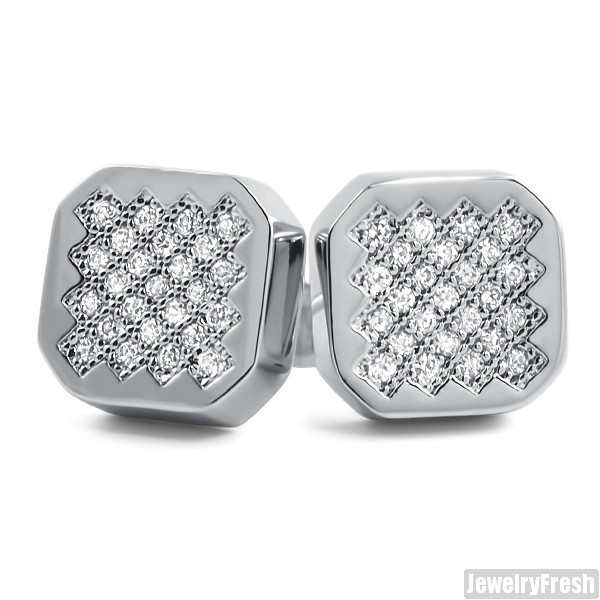Hexagon Micro Pave CZ Silver Mens Stud Earrings