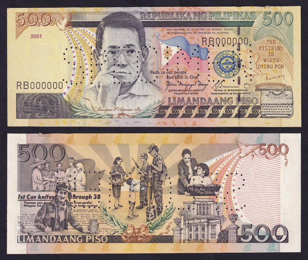 2001 NEW DESIGN 500 Pesos SPECIMEN SOLID NO. RB000000 Philippine Banknote