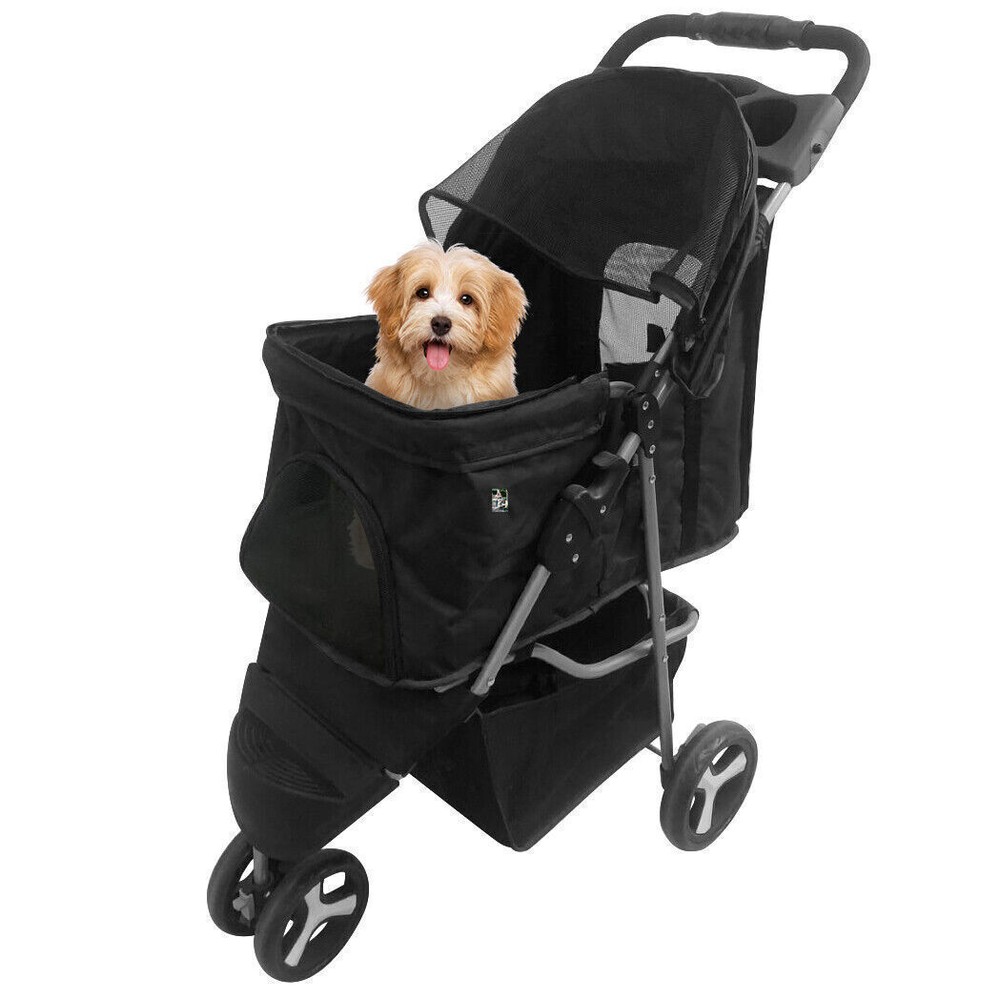 3/4-Wheels Folding Pet Stroller with Cup Holder, Mesh Window Portable Stroller