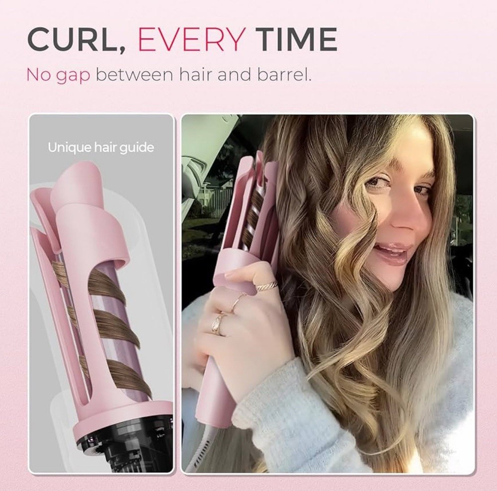 TYMO Automatic Rotating Curling Iron CURLPRO Beach Waves Curling Wand 1" Pink