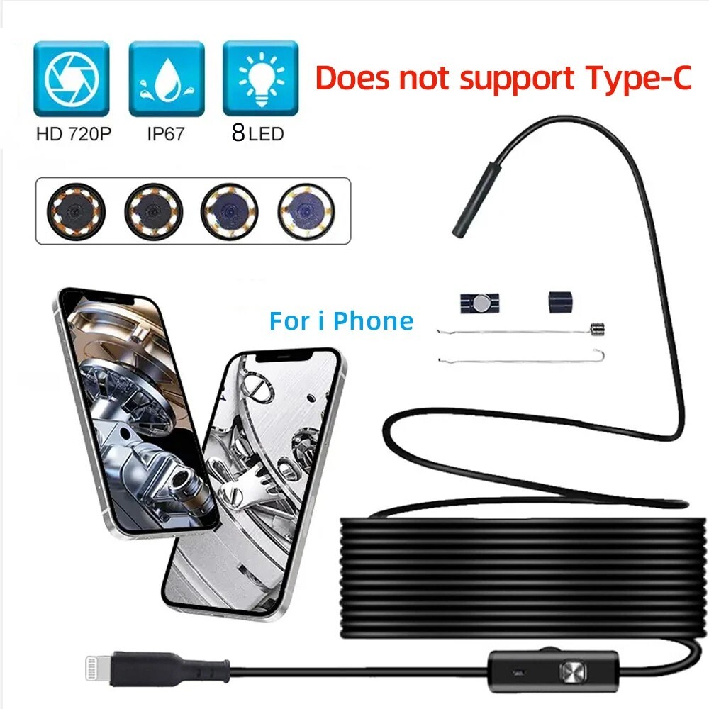 Endoscope Camera for iPhone Waterproof 8LEDs Borescope Car Engine Inspection