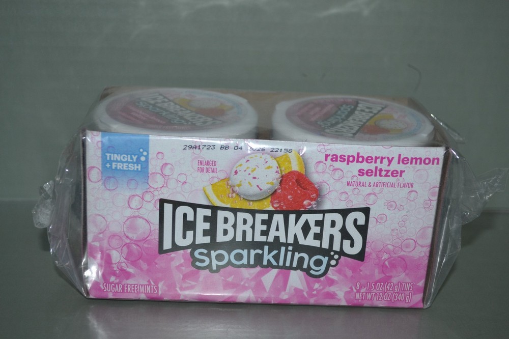 8 Pucks ICE BREAKERS Sparkling Raspberry Lemon Seltzer Breath Mints Tins, 4/26