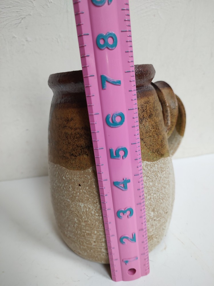 Art pottery pitcher Unusual applied overlapping handles 7" Signed