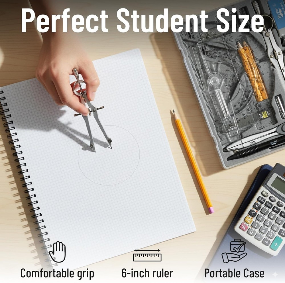 Comprehensive 15-Piece Geometry Set with Swing Protractor - Classic Slate