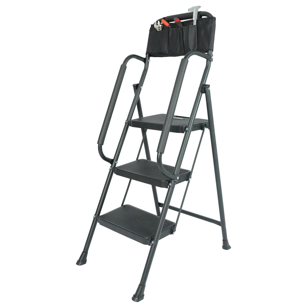 3 Step Ladder +Handrails & Attachable 500 lbs Tool Bag Folding Step Stool Ladder