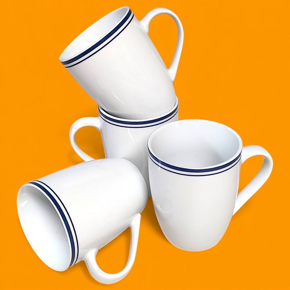 4pc Set Amazon Basics Cafe Stripe Blue / White Coffee Cups/ Mugs 4"