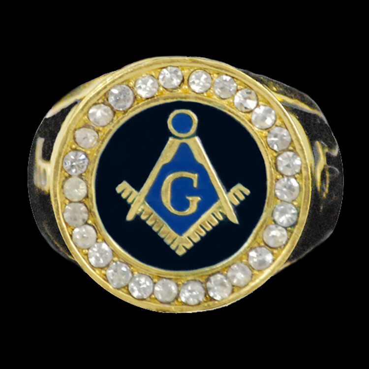 Mason Ring Gold W/Austrian Crystals - Masonic GOLD Tone Ring Size 9