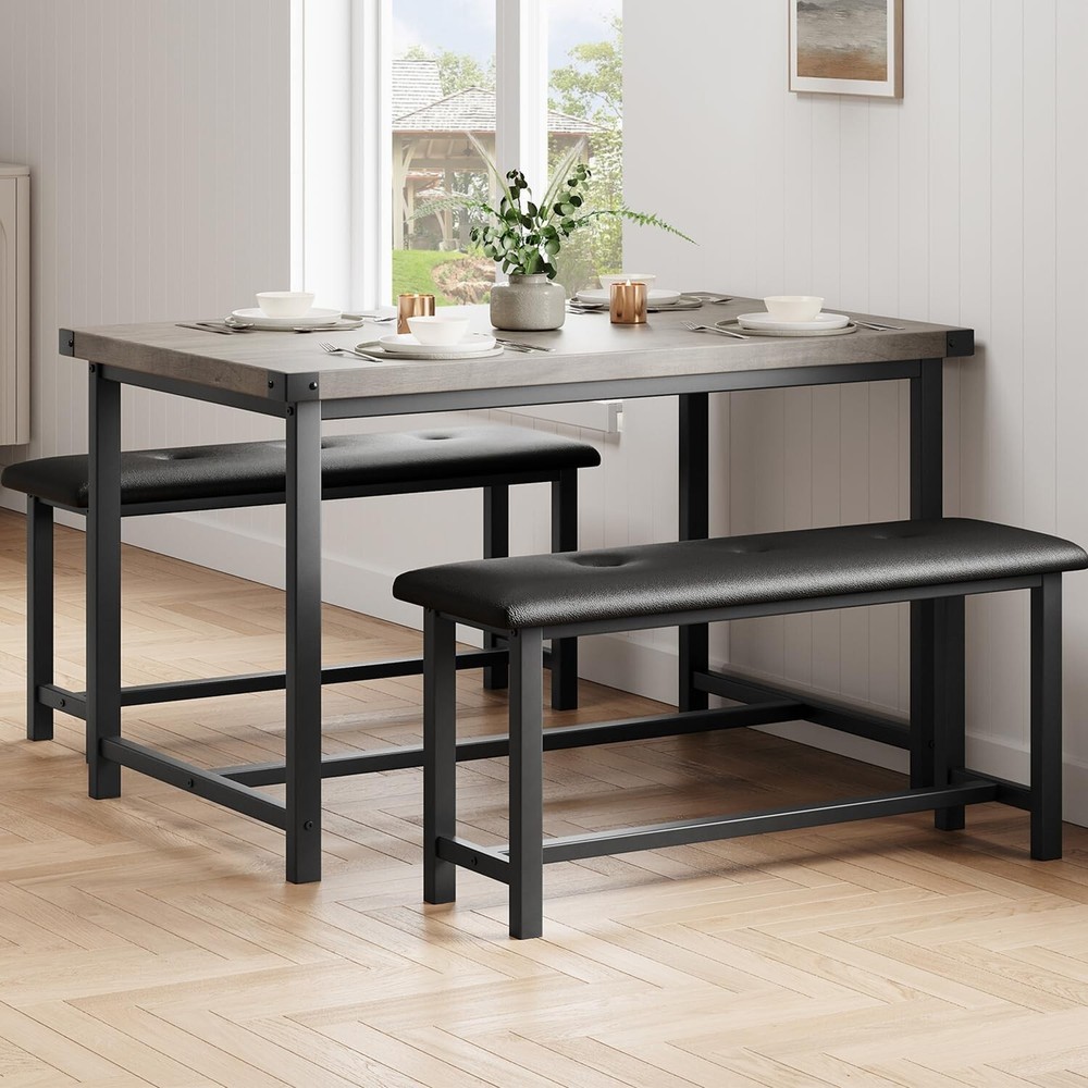 Dining Table Set for 4 Kitchen Table w/ Upholstered Benches Dining Room Kitchen