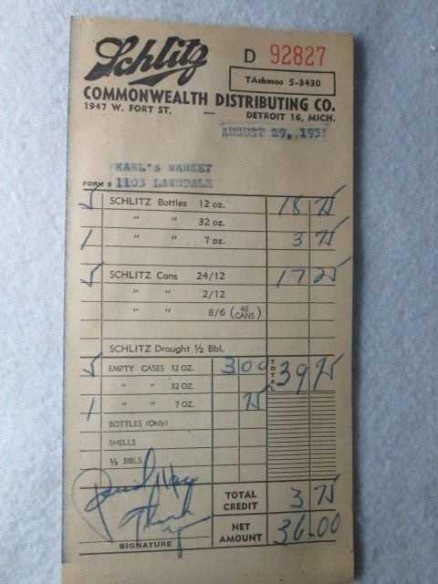Vintage Schlitz, Commonwealth Distributing Co. Delivery Receipt, 1951