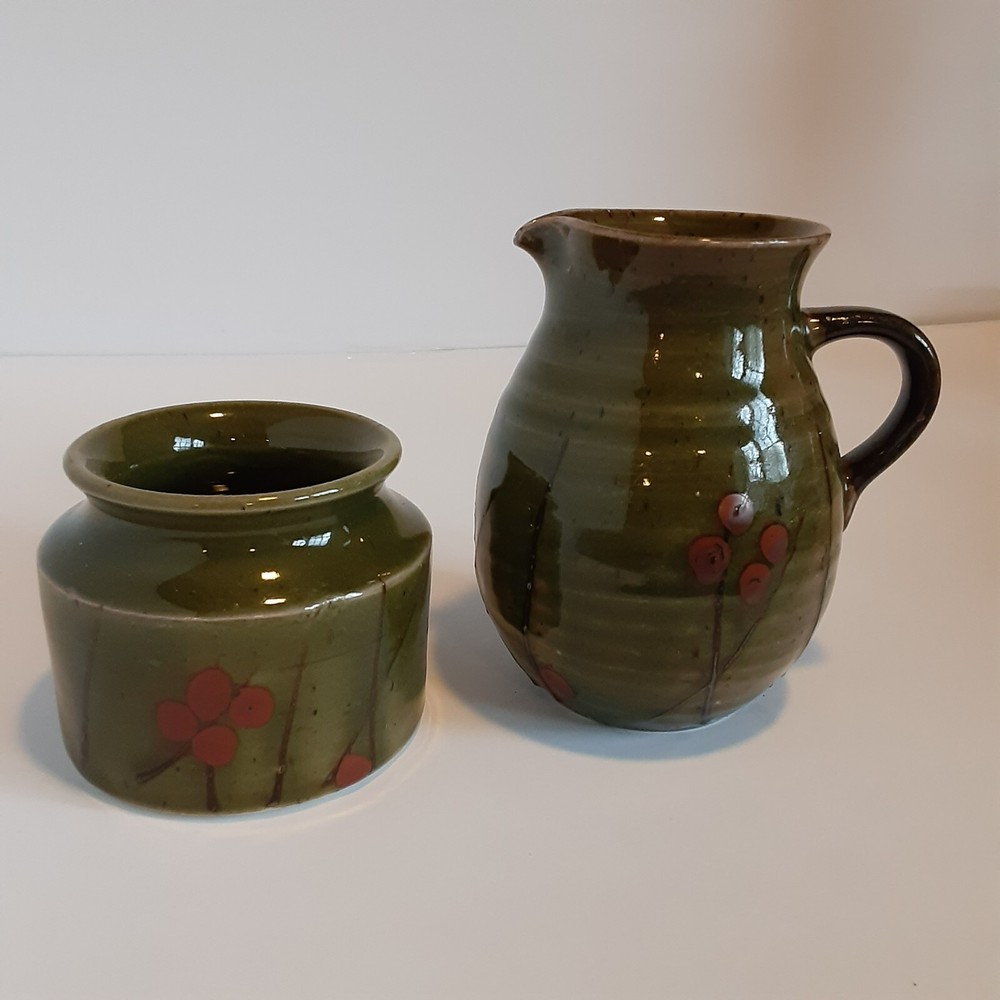 Olive Green Pottery Creamer and Open Sugar