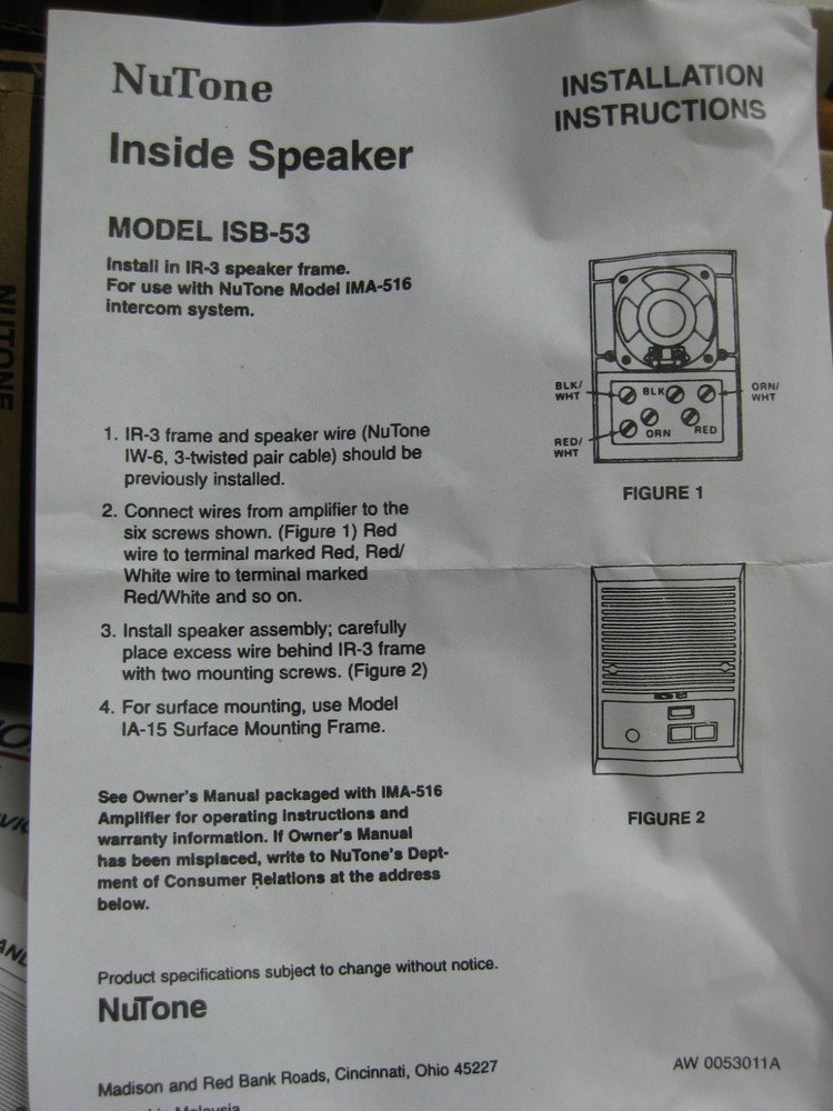 Nutone ISB-53WH Intercom Speaker- New