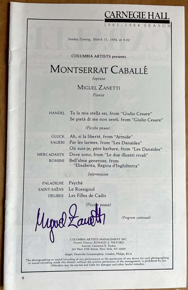 Pianist Miguel Zanetti Autographed Program