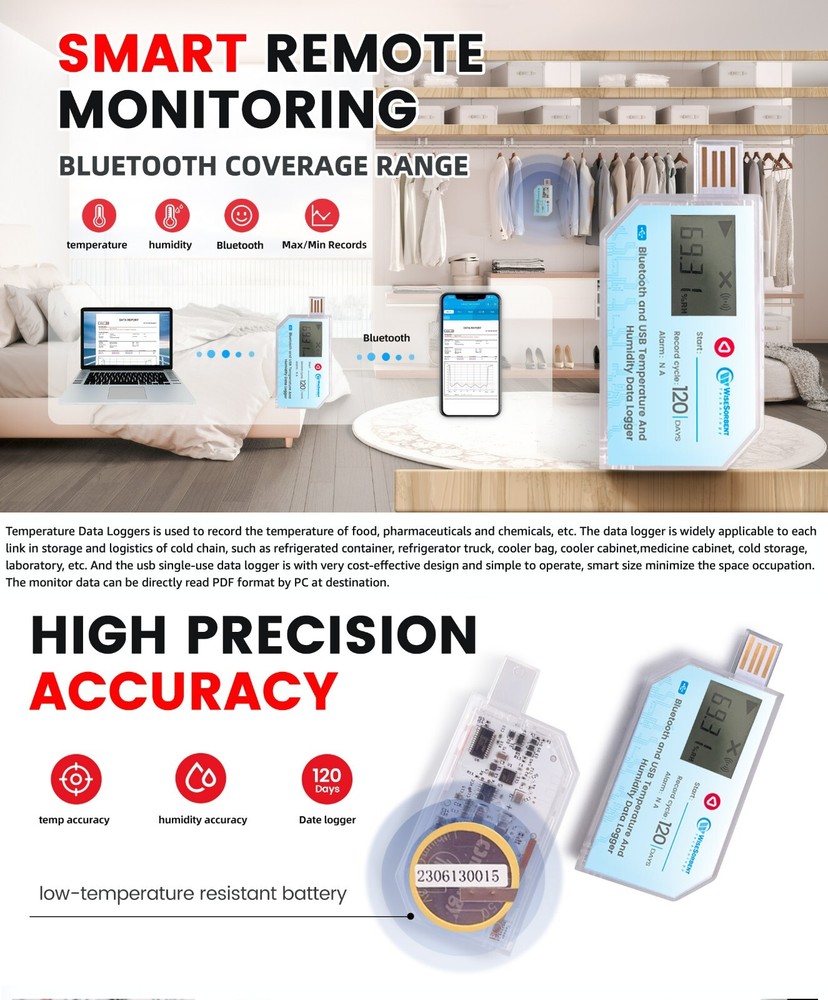 1P USB Data Logger, Temperature and Humidity w/LCD, Bluetooth & App， Single-USE
