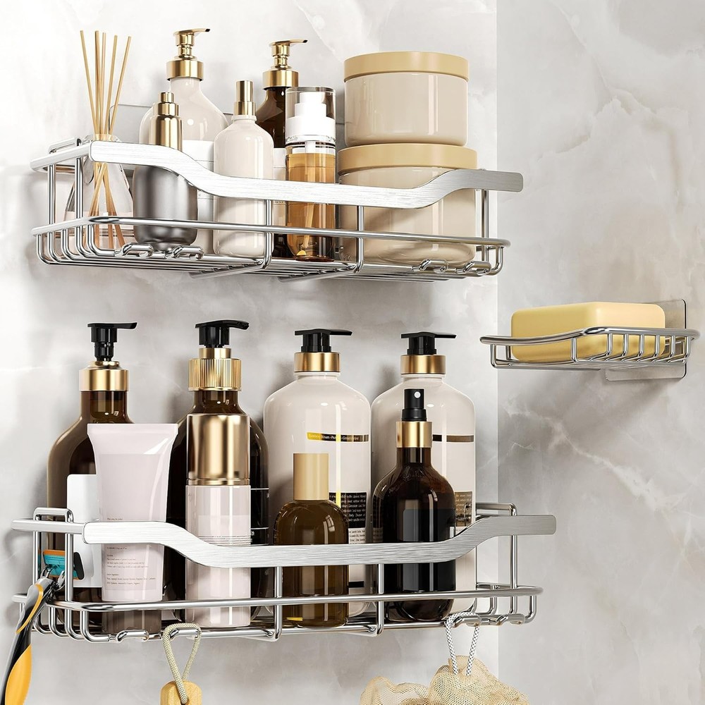 3-Pack Shower Caddy with Soap Holder, Adhesive Rustproof No-drill Strudy Load...