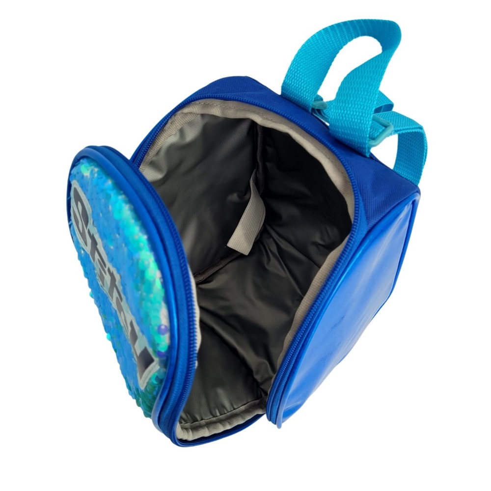Blue Stit backpack lunch bag with shiny sequins